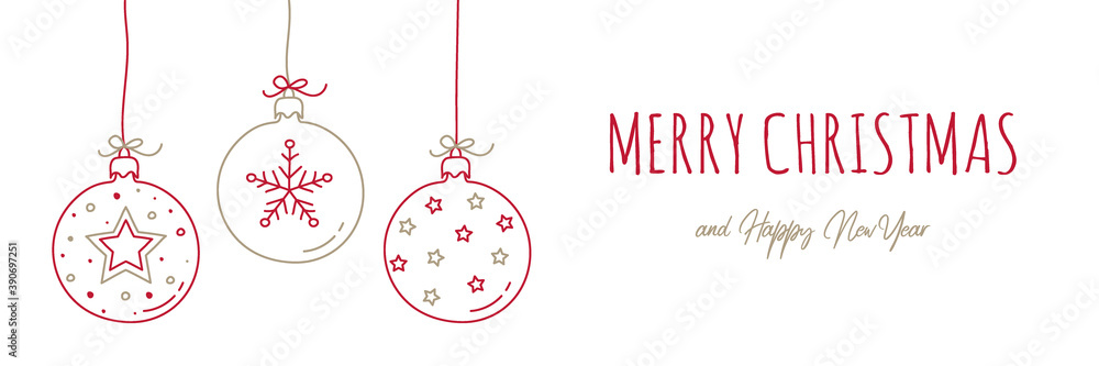 Concept of Christmas banner with hanging baubles. Xmas decoration. Vector