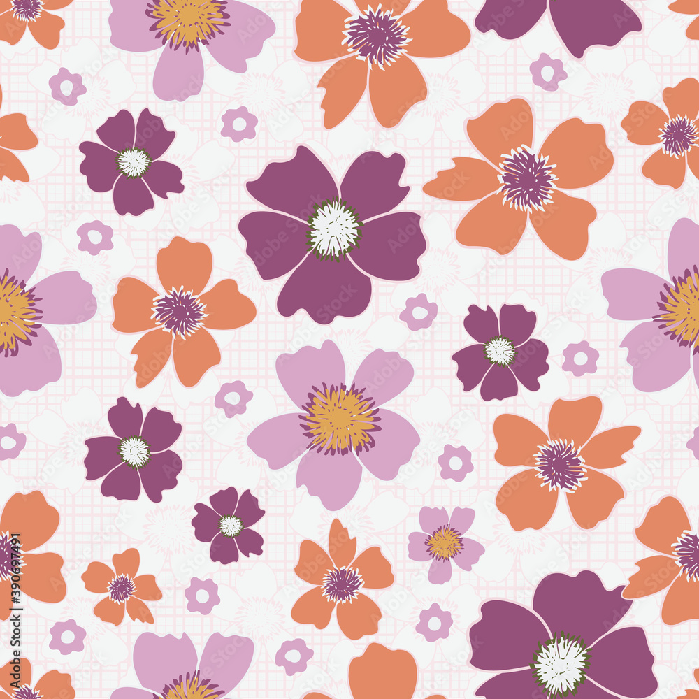 Vector orange, purple, pink flowers seamless pattern background. Perfect for fabric, wallpaper, scrapbooking projects.