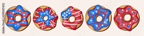 Vector hand drawn glazed donuts. National colors of the United States. American flag,stars and stripes. Use for celebration of independence day, party decoration, surface texture.