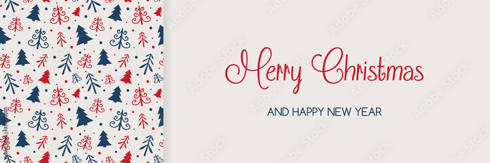 Christmas banner with hand drawn trees and wishes. Vector