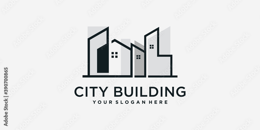 City building logo with line art style template Premium Vector