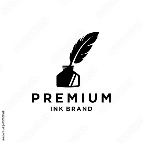 vintage Feather quill pen logo with black ink pot, scratch icon, classic stationery illustration isolated on white background