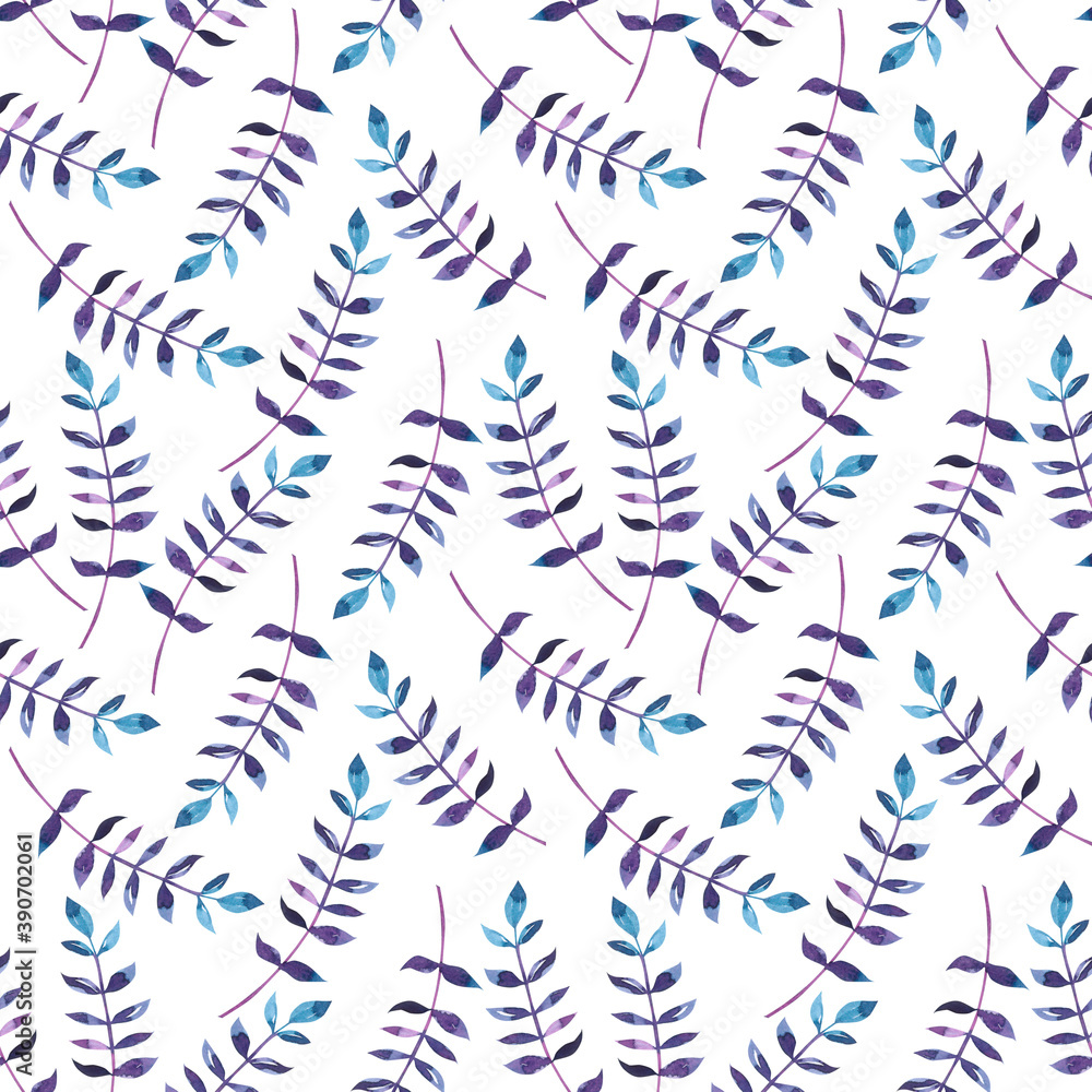 Seamless pattern with watercolor leaves in blue colors. Watercolor leaves illustration