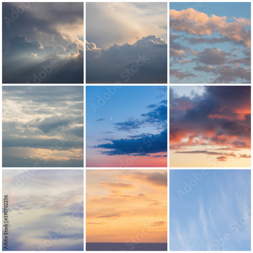 Collection of sky backgrounds. Set includes daytime sky and beautiful clouds at sunset.