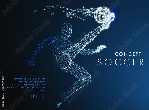 Abstract low-poly football player which consists of line and points, on dark background. Vector illustration. Graphic concept soccer.