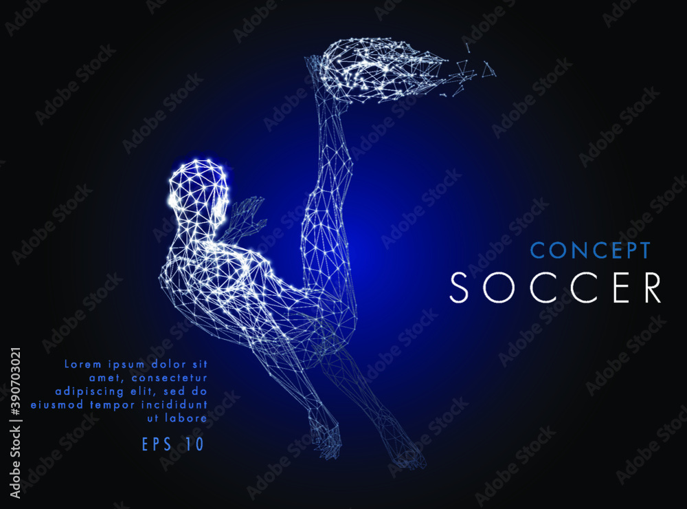 Abstract low-poly football player which consists of line and points, on dark background. Vector illustration. Graphic concept soccer.
