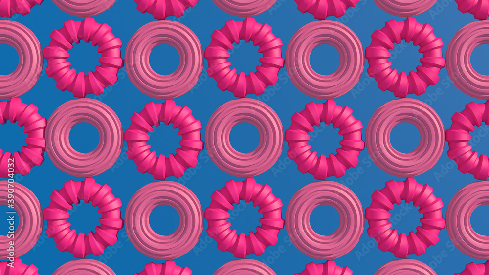 Naklejka premium Pink textured rings. Blue background. Abstract illustration, 3d render.