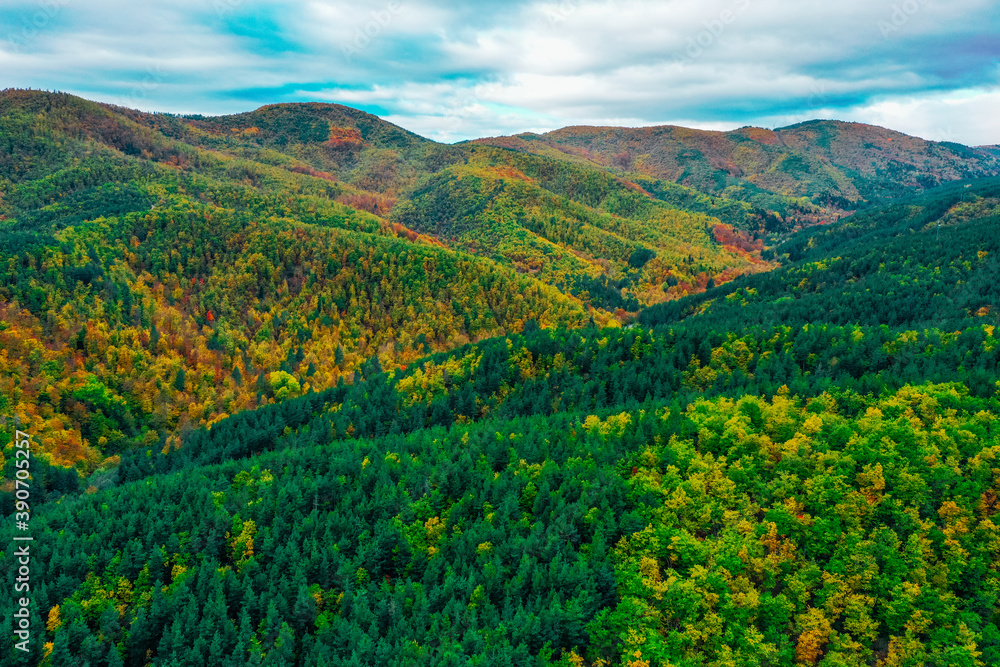 Beautiful autumn landscape, green and yellow trees. Areal flight , drone view from top and above. Fall season in hills.