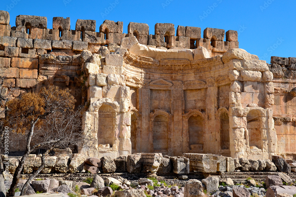 Baalbek or Heliopolis Roman ruins, detail of Roman decoration on the ruins, fertile Bekaa Valley in eastern Lebanon