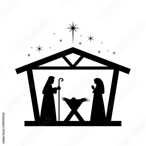 Christmas nativity scene with baby Jesus, Mary and Joseph in the manger.Traditional christian christmas story. Vector illustration for children.