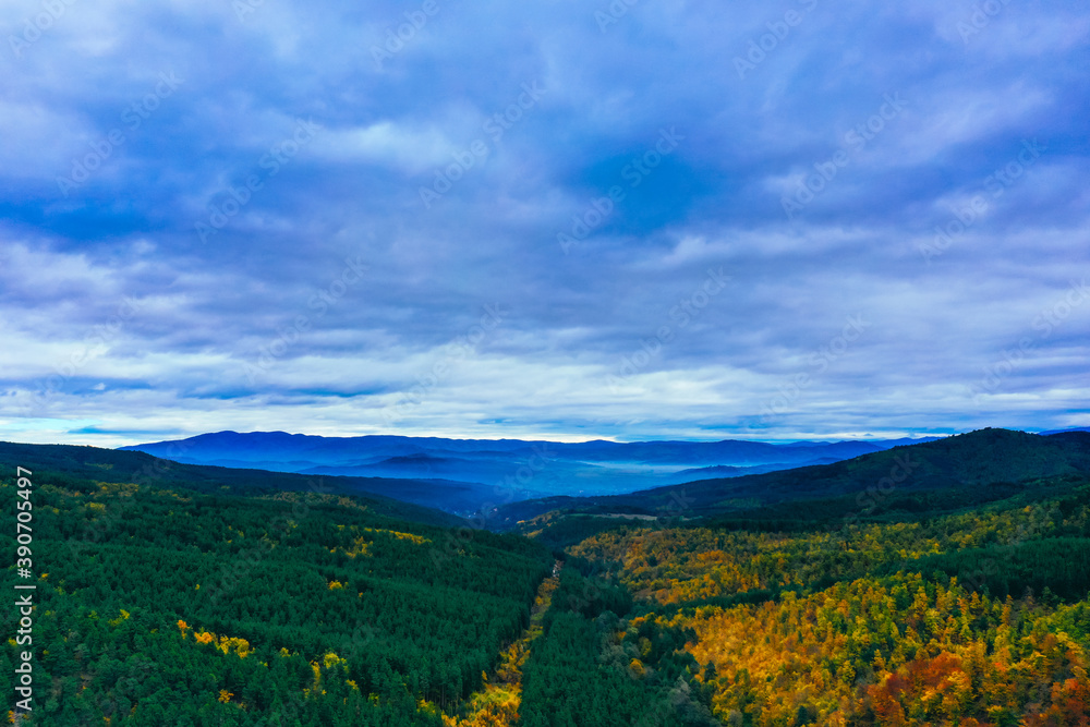 Flight above the beautiful autumn valley, European forest, landscape with mountains and clouds. Yellow trees, fall season colors. Drone view.