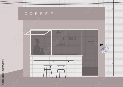 A coffee shop exterior, urban lifestyle, neighborhood life