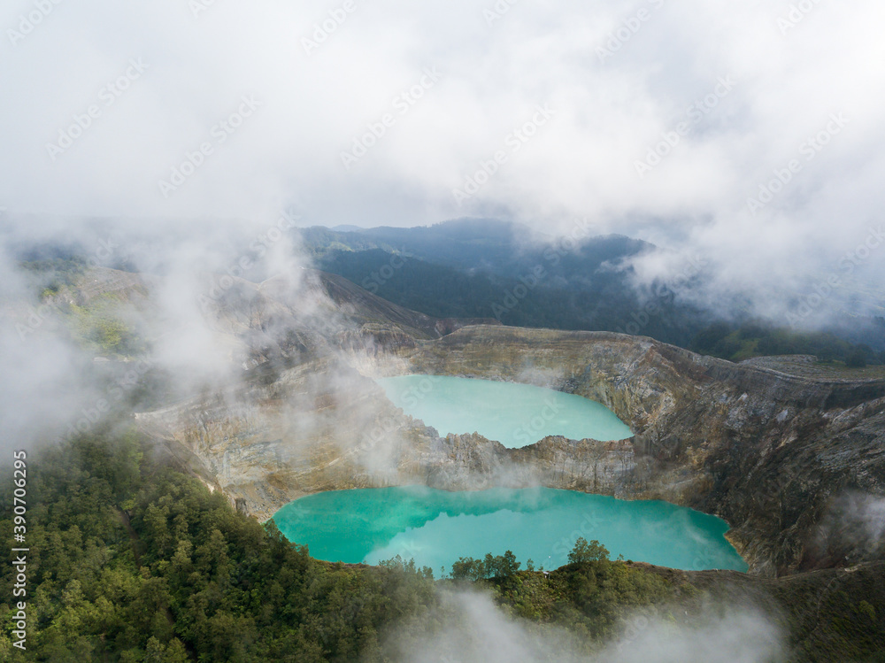 Kelimutu volcano crater lakes drone aerial view in Flores Indonesia 