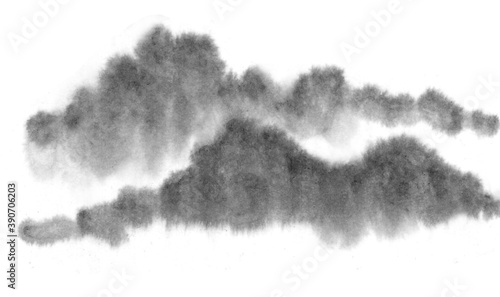 Background with mountains. Ink mountain. Black and white image. Ink Chinese mountain landscape. Mountains in the fog. Trees on the mountain. Ink image. Pines. Hill, peak 