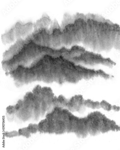Background with mountains. Ink mountain. Black and white image. Ink Chinese mountain landscape. Mountains in the fog. Trees on the mountain. Ink image. Pines. Hill,  peak 