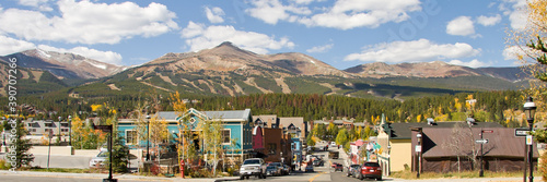 Breckenridge Autumn Panorama - Panoramic view of the town of Breckenridge Colorado with Araphoe National Forest and Peak 8 in the background. Summit County in Autumn photo
