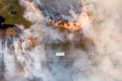 burning field of dead wood next to the road and moving vehicles, drone photography © Torkhov