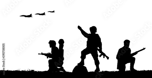 Military soldiers with guns in field. Vector silhouette