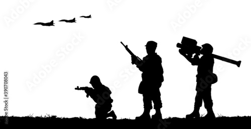 Military soldiers with guns in field. Vector silhouette