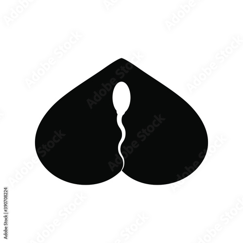 Spermatozoon inside a heart symbol. Logo, black silhouette on a white background. The concept of male sperm fertilization of a female egg. Isolated vector illustration, icon.