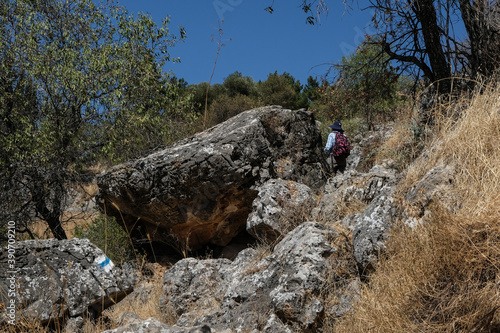 Ascending in order to exit from Nahal  Amud canyon hiking trail and stream known as Wadi al-Amud, the most beautiful in Upper Galilee, Northern Israel, Israel.  photo