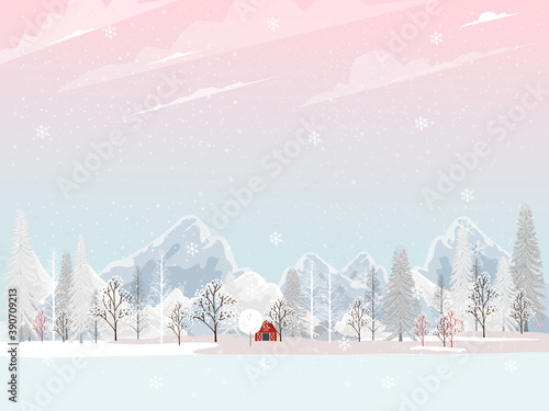 Winter landscape,Vector landscape field of trees with snow falling, Winter wonderland with pine tree and mountain, Cute cartoon Minimal greeting card for Christmas and New year background