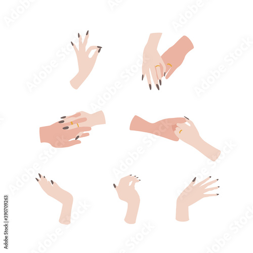Elegant hand drawn hands gestures clipart set. Couple holding hands with wedding rings. Isolated on white background. Stock vector
