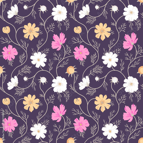 Cosmos flower background of autumn shades. Elegant floral ornament for textile, wrapping paper, bad linen, clothes design. EPS 10 vector seamless pattern.