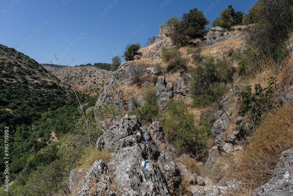 Ascending in order to exit from Nahal  Amud canyon hiking trail and stream known as Wadi al-Amud, the most beautiful in Upper Galilee, Northern Israel, Israel. 