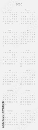 Monthly calendar of year 2030