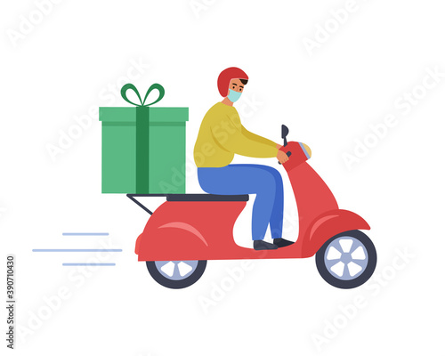 Online fast gift delivery by motor scooter. Courier in medical mask riding a red scooter with a delivery gift box. Vector illustration