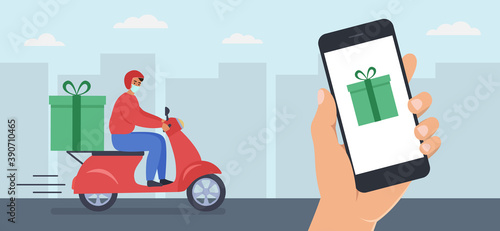 Online fast gift delivery on motor scooter via mobile phone app. Hand holding smart phone. Courier in medical mask riding a red scooter with a delivery gift box. Urban background. Vector illustration