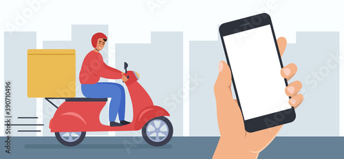 Online fast delivery on motor scooter. Delivery via mobile phone app. Hand holding smart phone. Courier riding a red scooter with a delivery box. Urban background. Vector illustration