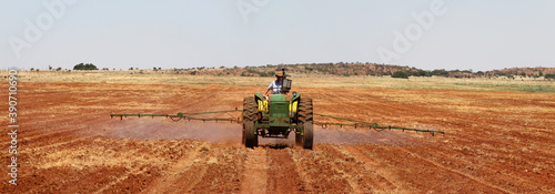 Pumpkin farmer, Northwest, Ventersdorp on his tractor busy with weed management. Poison spray. And that is vital to the production of quality pumpkins and gourds. photo