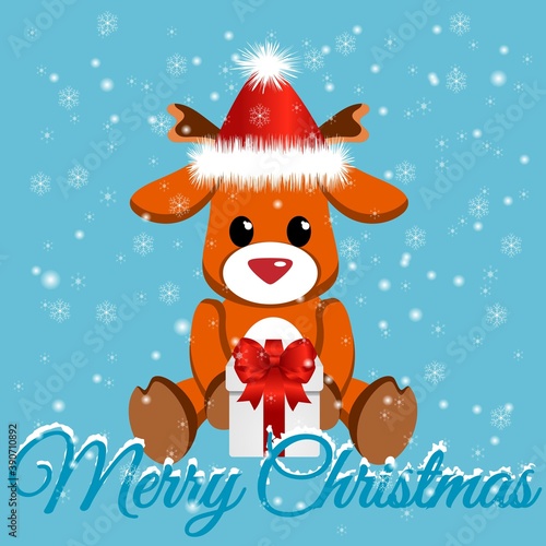 Childrens postcard Merry Christmas. Vector illustration of a fawn with a gift in a Santa hat. Postcard with snow and fairy-tale character.