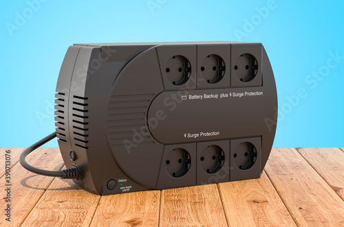 Uninterruptible power supply, UPS on the wooden planks, 3D rendering photo