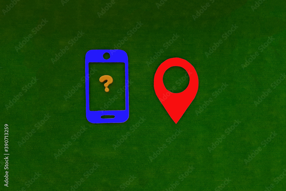 The mobile phone is blue, the question mark is yellow, and the geolocation sign is red on a green background. Location detection, technology. The mobile phone is blue, the question mark is yellow, and the geolocation sign is red on a green background. Location detection, technology.