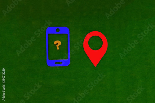 The mobile phone is blue, the question mark is yellow, and the geolocation sign is red on a green background. Location detection, technology.