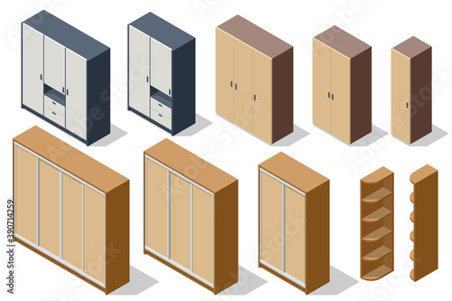 Isometric various elements wooden wardrobes isolated on white background for creating a interior of modern wardrobe room design. Spacious wardrobe interior.