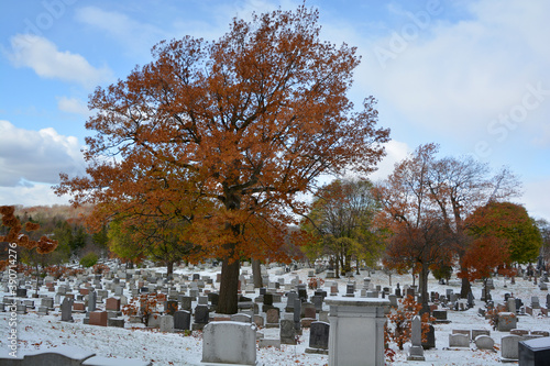 MONTREAL QUEBEC CANADA 11 03 2020: Graves in Mount Royal Cemetery is  terraced cemetery on the north slope of Mount Royal in the borough of Outremont, Montreal, photo