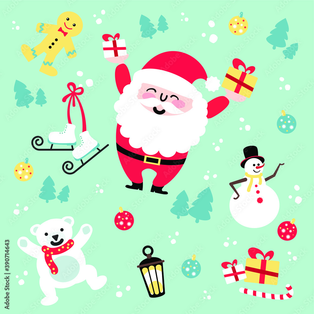 Pattern New Year & Christmas icons set.Vector illustration.Santa Claus, snowman