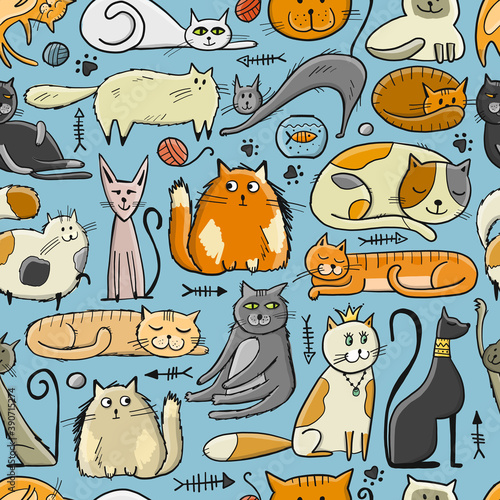 World Cats Day. Seamless Pattern with cats characters for your design