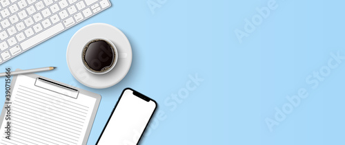 Flat lay minimal work space, Top view office desk with computer keyboard, clipboard and coffee cup on blue color background with copy space, vector illustration