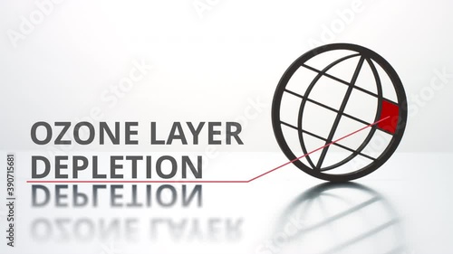 OZONE LAYER DEPLETION text and earth globe icon. Major environmental problem concept