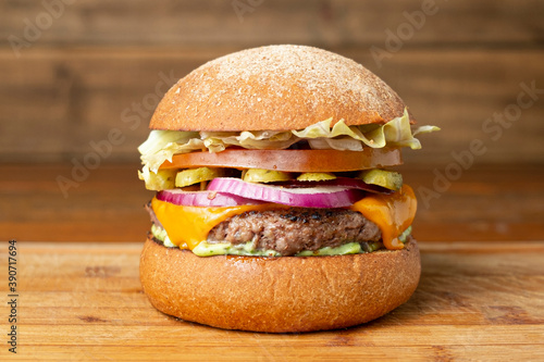 hamburger on wooden table