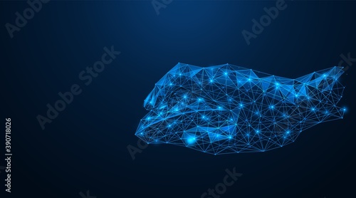 Hand with a computer mouse. Polygonal construction of concatenated lines and points. Blue background.