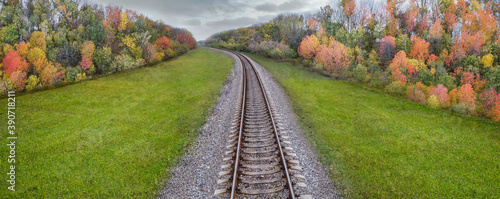 Perspective railway and panorama of autumn trees along the tracks. Autumn landscape in cloudy weather.