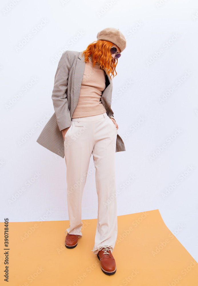Paris Lady in fashion elegant outfit. Trendy beige beret