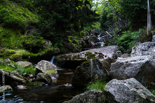 A mountain stream with large boulders and a green forest in the background. Long exposure time.