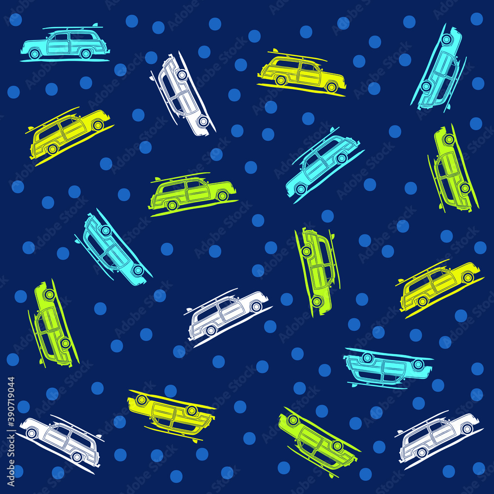 Retro summer vacation seamless pattern with hand drawn with surf bus, coconut drink, photo camera, ice cream, beach umbrella, hibiscus flower, flip flops Retro summer vacation seamless pattern with hand drawn with surf bus, coconut drink, photo camera, ice cream, beach umbrella, hibiscus flower, flip flops